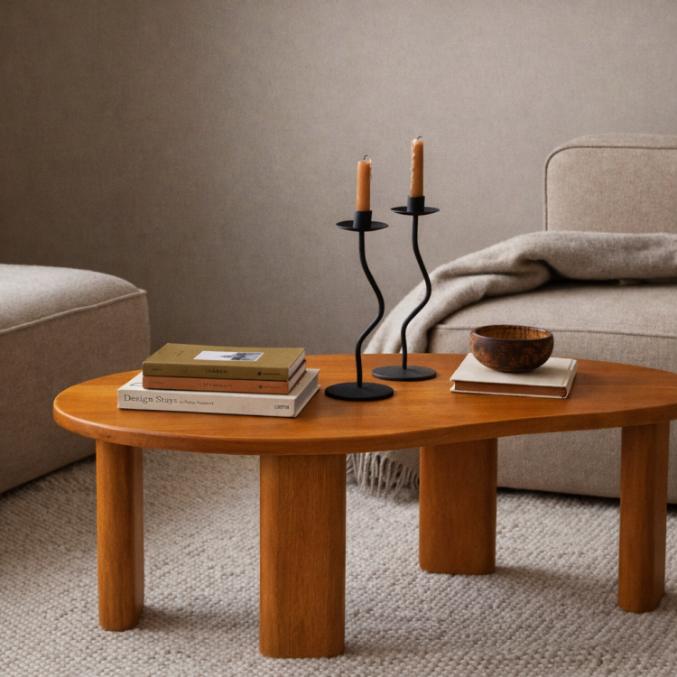 Masif Gürgen Ahşap Orta Sehpa – Modern Organik Form Minimal Tasarım Salon Sehpası