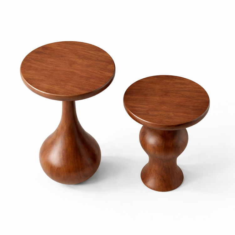 Masif Ihlamur Ağacı El Yapımı Modern Yan Sehpa – Dekoratif Tasarım Yuvarlak Yan Sehpa 2’li set