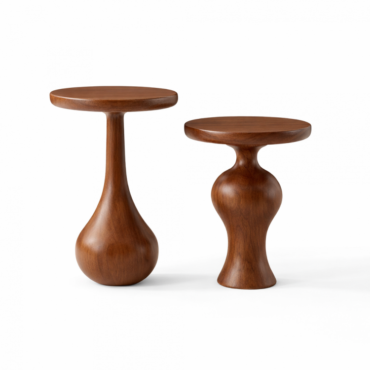 Masif Ihlamur Ağacı El Yapımı Modern Yan Sehpa – Dekoratif Tasarım Yuvarlak Yan Sehpa 2’li set