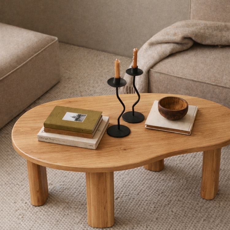 Masif Gürgen Ahşap Orta Sehpa – Modern Organik Form Minimal Tasarım Salon Sehpası