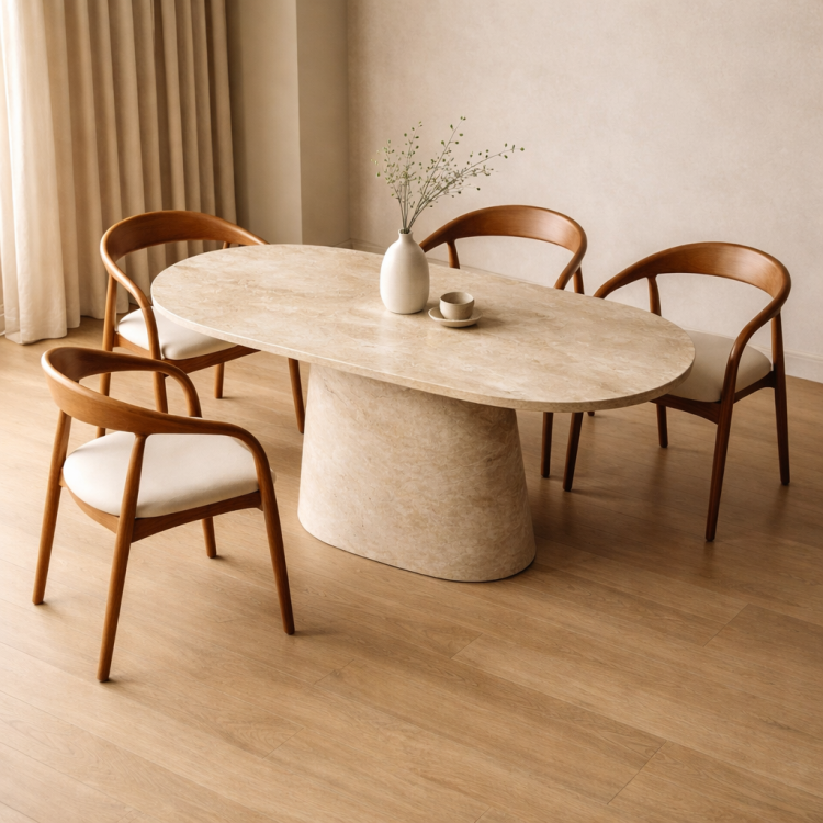 Masif Ahşap Traverten Kaplama Oval Yemek Masası – 180x90 cm Masif Ahşap Traverten Kaplama Oval Yemek Masası – 180x90 cm