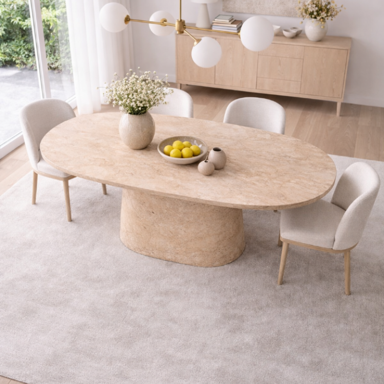 Masif Ahşap Traverten Kaplama Oval Yemek Masası – 180x90 cm Masif Ahşap Traverten Kaplama Oval Yemek Masası – 180x90 cm