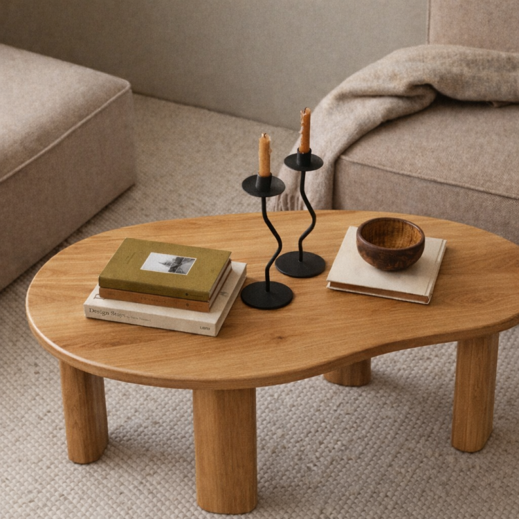 Masif Gürgen Ahşap Orta Sehpa – Modern Organik Form Minimal Tasarım Salon Sehpası