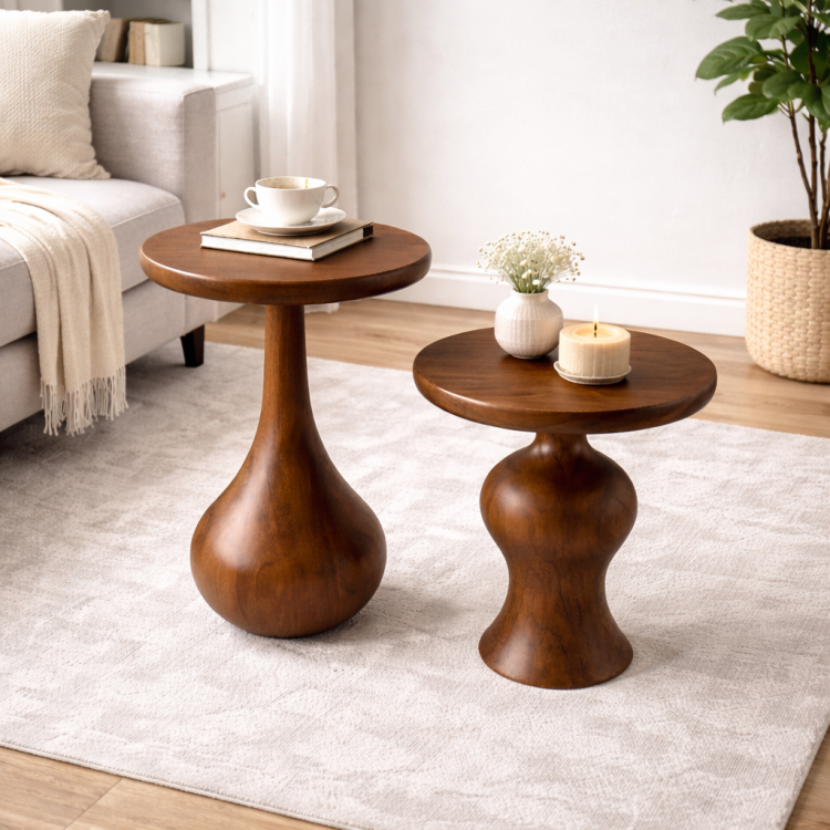 Masif Ihlamur Ağacı El Yapımı Modern Yan Sehpa – Dekoratif Tasarım Yuvarlak Yan Sehpa 2’li set