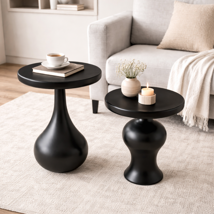 Masif Ihlamur Ağacı El Yapımı Modern Yan Sehpa – Dekoratif Tasarım Yuvarlak Yan Sehpa 2’li set