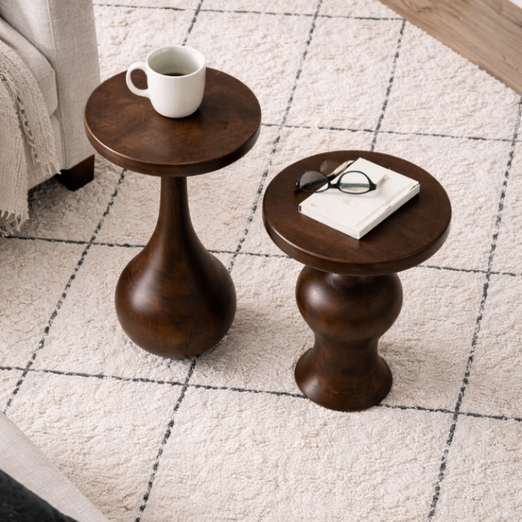 Masif Ihlamur Ağacı El Yapımı Modern Yan Sehpa – Dekoratif Tasarım Yuvarlak Yan Sehpa 2’li set