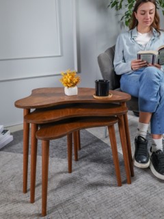 Ceviz Masif Doğal Ahşap Zigon Sehpa 3'lü Set, Modern Masif Yan Sehpa Ceviz Masif Doğal Ahşap Zigon Sehpa 3'lü Set, Modern Masif Yan Sehpa