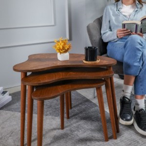 Ceviz Masif Doğal Ahşap Zigon Sehpa 3'lü Set, Modern Masif Yan Sehpa