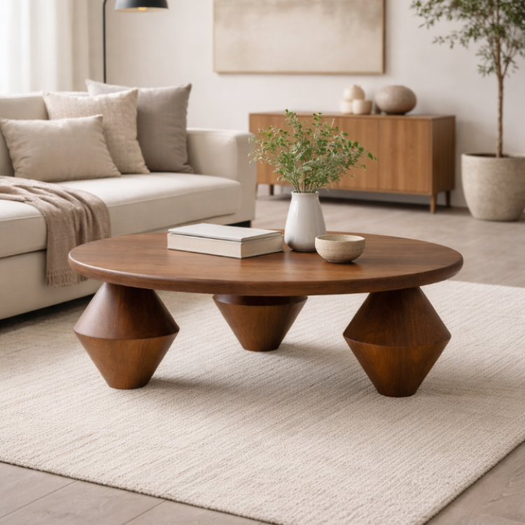 Masif Ahşap Totem Ayaklı Orta Sehpa – Modern Tasarım Yuvarlak Salon Sehpası 