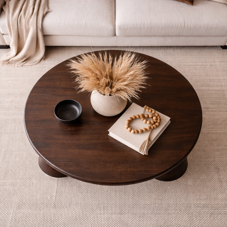 Masif Ahşap Totem Ayaklı Orta Sehpa – Modern Tasarım Yuvarlak Salon Sehpası 