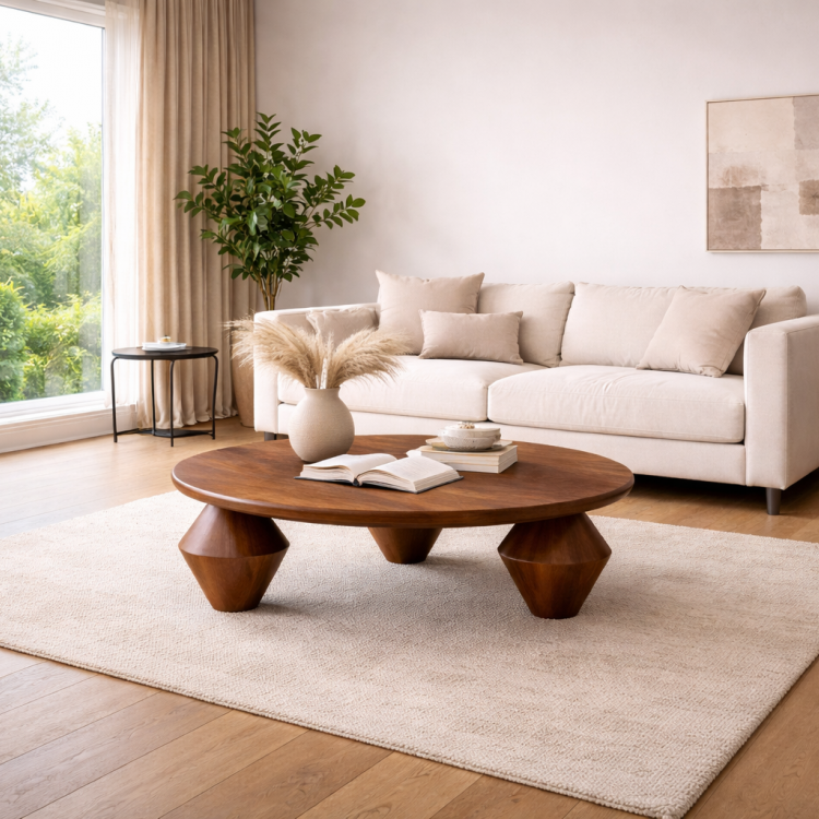 Masif Ahşap Totem Ayaklı Orta Sehpa – Modern Tasarım Yuvarlak Salon Sehpası Masif Ahşap Totem Ayaklı Orta Sehpa – Modern Tasarım Yuvarlak Salon Sehpası