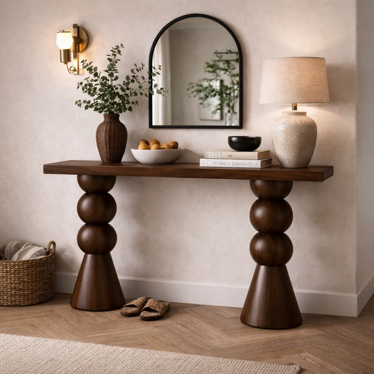 Masif Ahşap Küre Ayaklı Dresuar Modern Tasarım – El Yapımı Tornalı Tasarım Antre & Salon Konsol