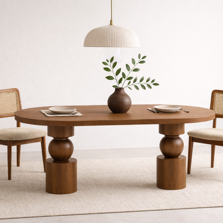 Masif Ahşap Torna Ayaklı Yemek Masası 150x60 cm – Doğal Minimalist Modern Mutfak Masası 4 Kişilik