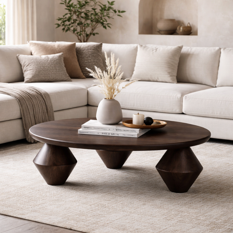 Masif Ahşap Totem Ayaklı Orta Sehpa – Modern Tasarım Yuvarlak Salon Sehpası Masif Ahşap Totem Ayaklı Orta Sehpa – Modern Tasarım Yuvarlak Salon Sehpası