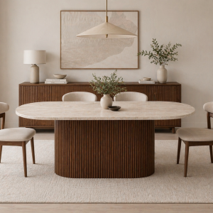 Modern Traverten Yemek Masası Ceviz Ahşap Ayaklı 160x90 cm Oval Tasarım