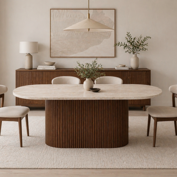 Modern Traverten Yemek Masası Ceviz Ahşap Ayaklı 160x90 cm Oval Tasarım