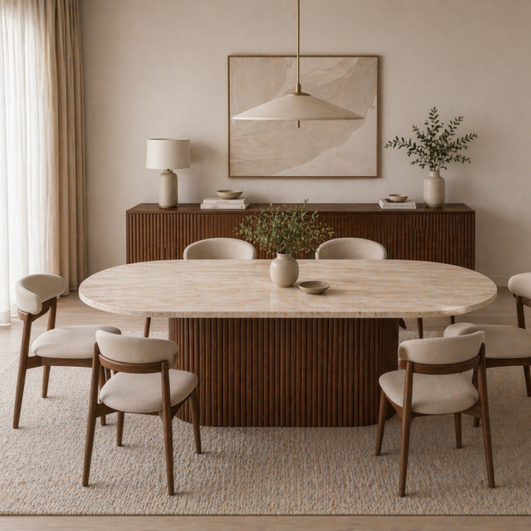 Modern Traverten Yemek Masası Ceviz Ahşap Ayaklı 160x90 cm Oval Tasarım