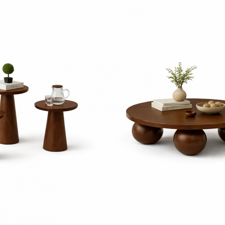 El Yapımı Ahşap Orta Sehpa ve 3’lü Mantar Yan Sehpa Seti – Modern Salon Takımı Minimal & Şık