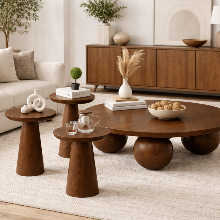 El Yapımı Ahşap Orta Sehpa ve 3’lü Mantar Yan Sehpa Seti – Modern Salon Takımı Minimal & Şık