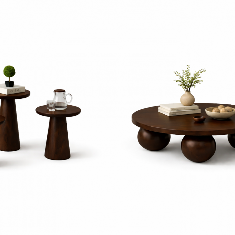 El Yapımı Ahşap Orta Sehpa ve 3’lü Mantar Yan Sehpa Seti – Modern Salon Takımı Minimal & Şık