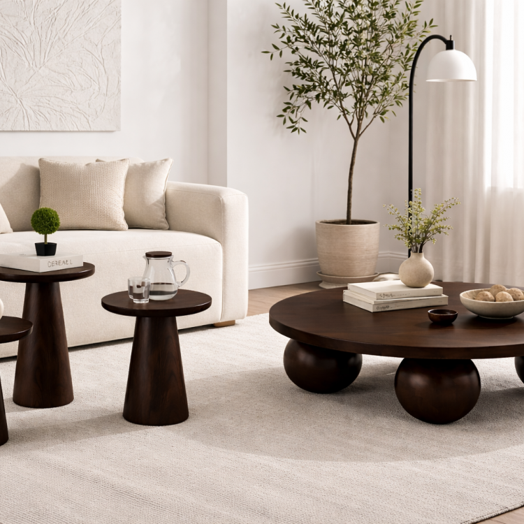 El Yapımı Ahşap Orta Sehpa ve 3’lü Mantar Yan Sehpa Seti – Modern Salon Takımı Minimal & Şık