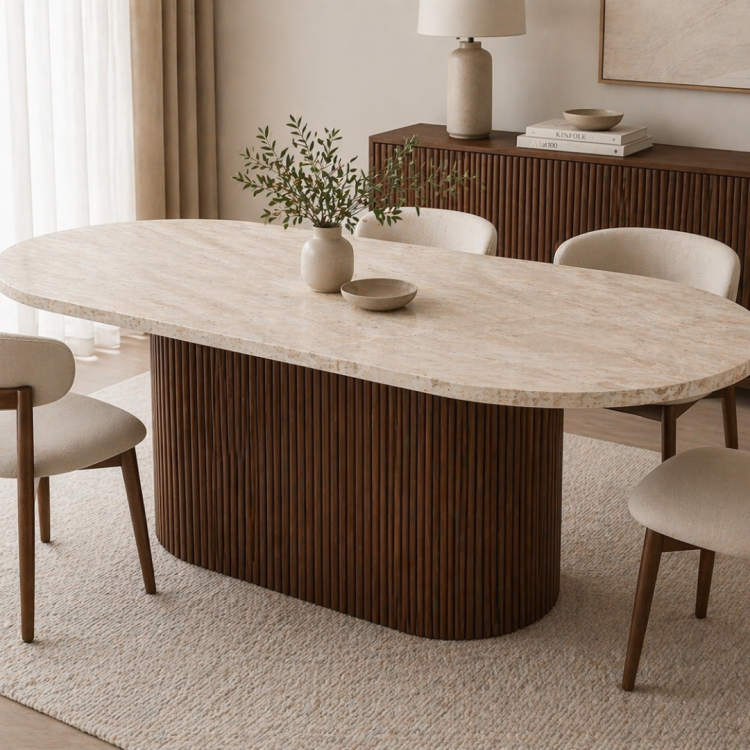 Modern Traverten Yemek Masası Ceviz Ahşap Ayaklı 160x90 cm Oval Tasarım