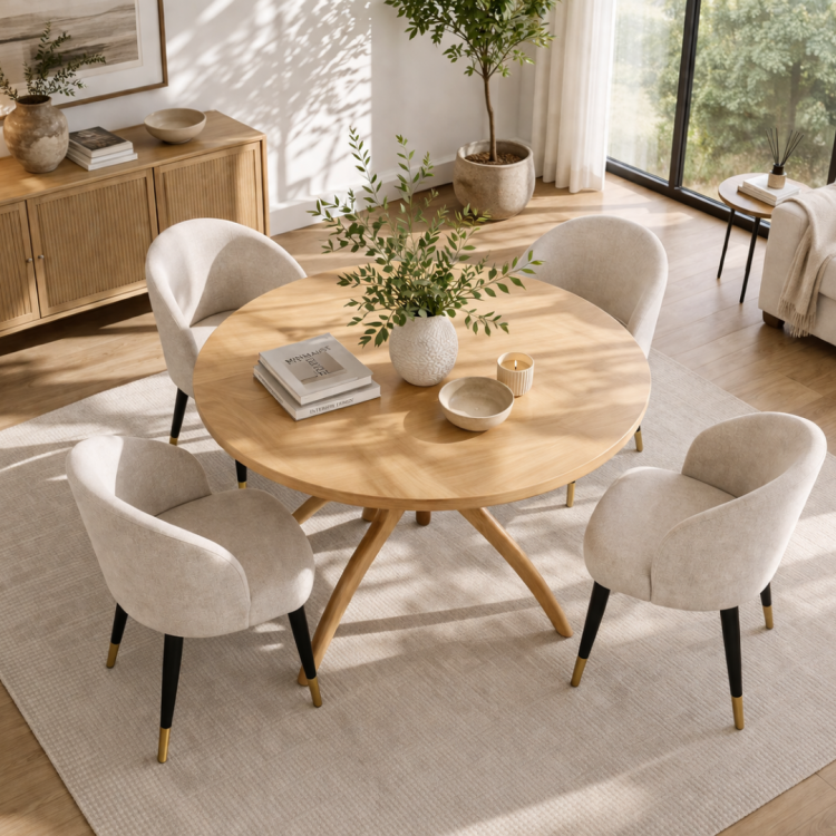 Masif Ahşap Mega Boy 110 cm Yuvarlak Yemek Masası – El Yapımı Estetik Ayaklı