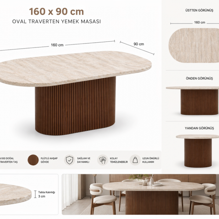 Modern Traverten Yemek Masası Ceviz Ahşap Ayaklı 160x90 cm Oval Tasarım