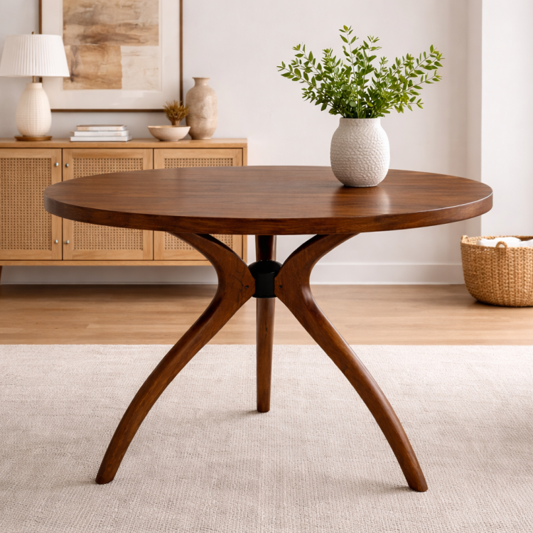 Masif Ahşap Mega Boy 110 cm Yuvarlak Yemek Masası – El Yapımı Estetik Ayaklı