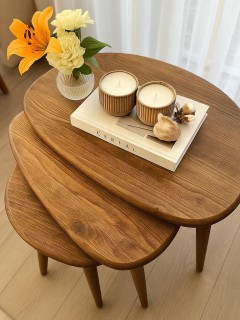 3 lü Masif Ahşap Zigon Sehpa Seti Doğal ve Modern Yan Sehpa