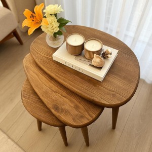 3 lü Masif Ahşap Zigon Sehpa Seti Doğal ve Modern Yan Sehpa