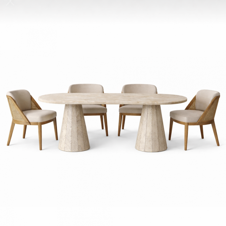 Modern Traverten Kaplama Oval Yemek Masası – Ahşap Gövde, Konik Ayak Tasarım