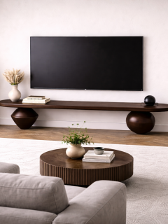 Heykelsi Torna Ayaklı Masif Ahşap TV Ünitesi – Modern Tasarım Televizyon Standı 180 cm Heykelsi Torna Ayaklı Masif Ahşap TV Ünitesi – Modern Tasarım Televizyon Standı 180 cm