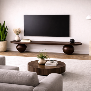 Heykelsi Torna Ayaklı Masif Ahşap TV Ünitesi – Modern Tasarım Televizyon Standı 180 cm