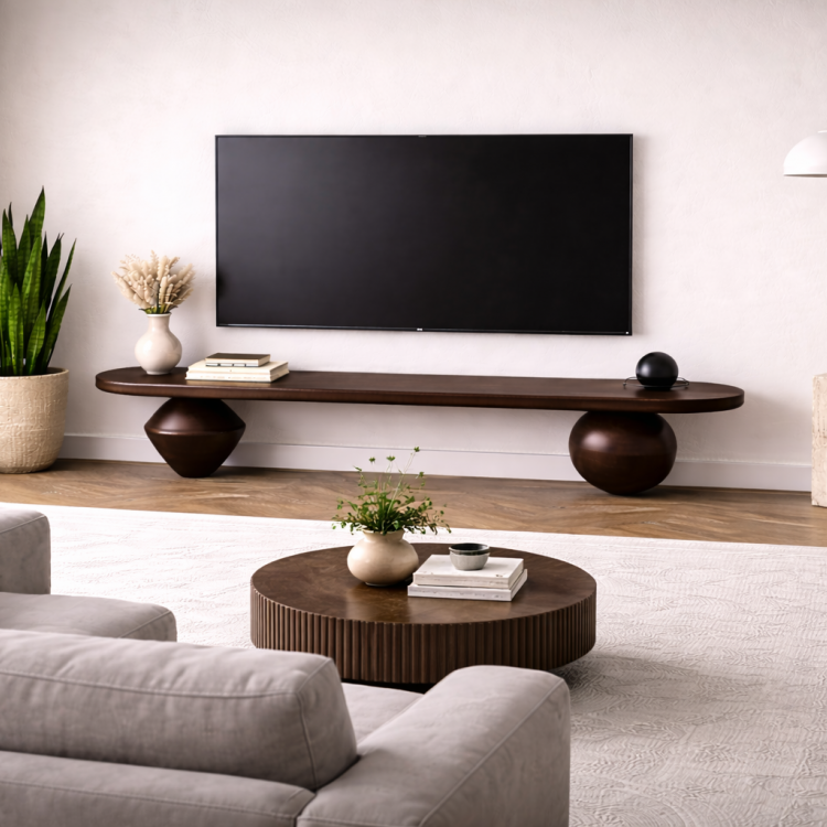 Heykelsi Torna Ayaklı Masif Ahşap TV Ünitesi – Modern Tasarım Televizyon Standı 180 cm