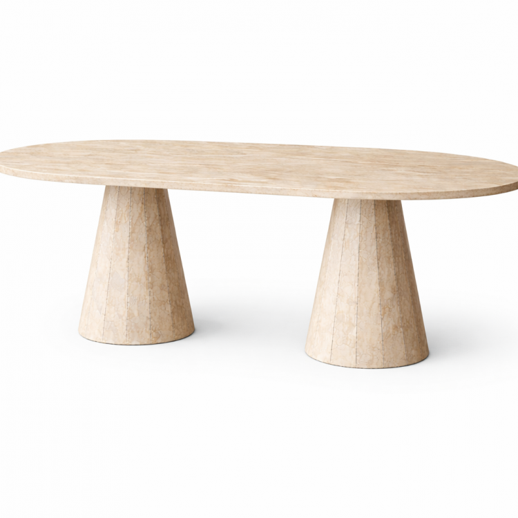 Modern Traverten Kaplama Oval Yemek Masası – Ahşap Gövde, Konik Ayak Tasarım