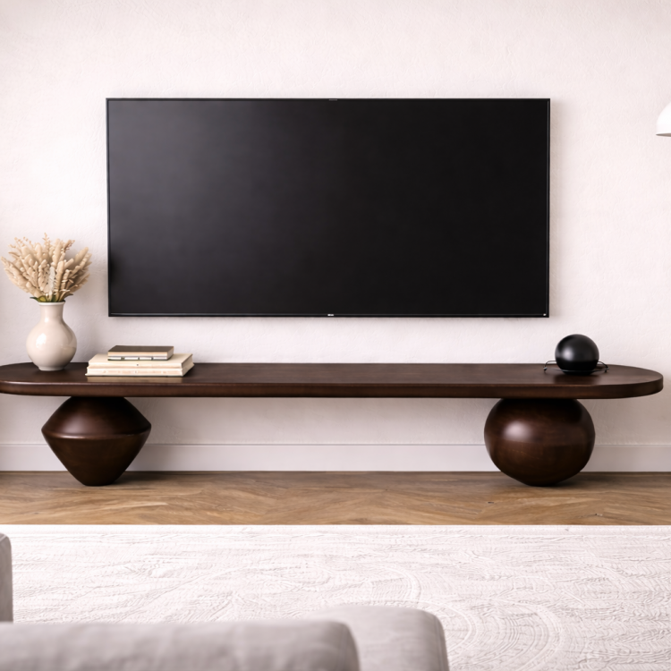 Heykelsi Torna Ayaklı Masif Ahşap TV Ünitesi – Modern Tasarım Televizyon Standı 180 cm