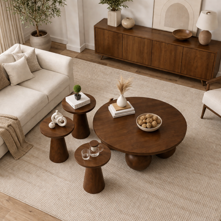 El Yapımı Ahşap Orta Sehpa ve 3’lü Mantar Yan Sehpa Seti – Modern Salon Takımı Minimal & Şık