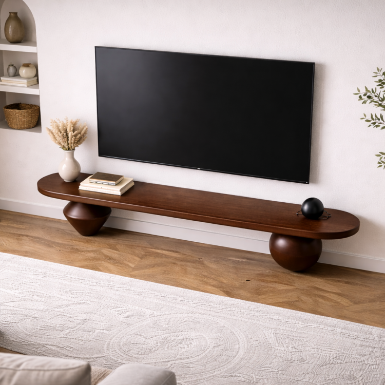 Heykelsi Torna Ayaklı Masif Ahşap TV Ünitesi – Modern Tasarım Televizyon Standı 180 cm