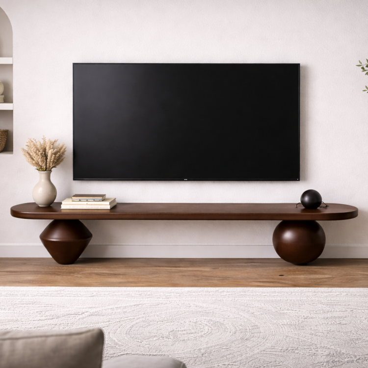 Heykelsi Torna Ayaklı Masif Ahşap TV Ünitesi – Modern Tasarım Televizyon Standı 180 cm