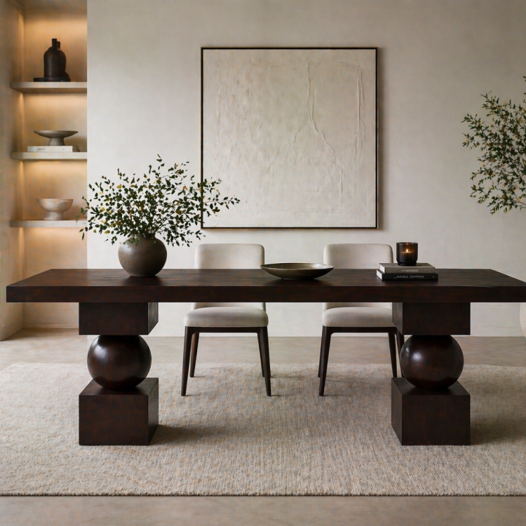 Heykelsi Küre Ayaklı Masif Ahşap Yemek Masası – Modern Tasarım – Minimal & Şık