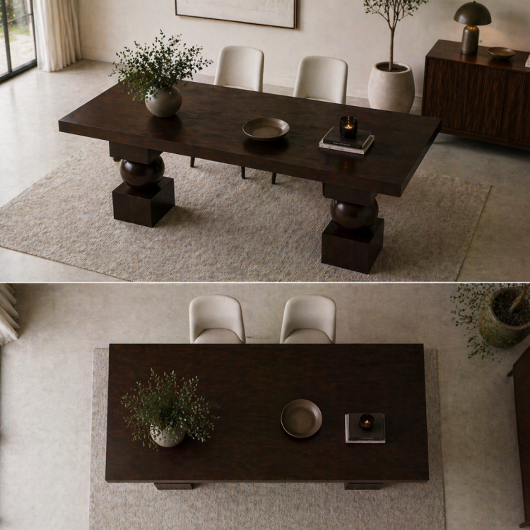 Heykelsi Küre Ayaklı Masif Ahşap Yemek Masası – Modern Tasarım – Minimal & Şık