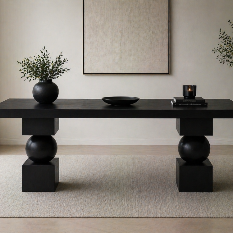 Heykelsi Küre Ayaklı Masif Ahşap Yemek Masası – Modern Tasarım – Minimal & Şık