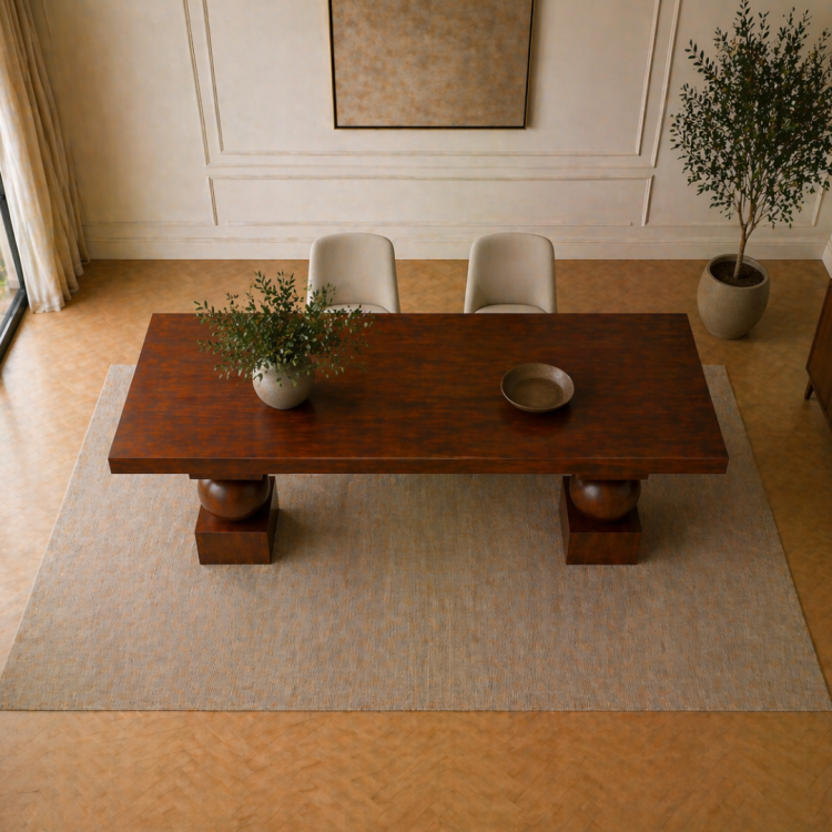 Heykelsi Küre Ayaklı Masif Ahşap Yemek Masası – Modern Tasarım – Minimal & Şık