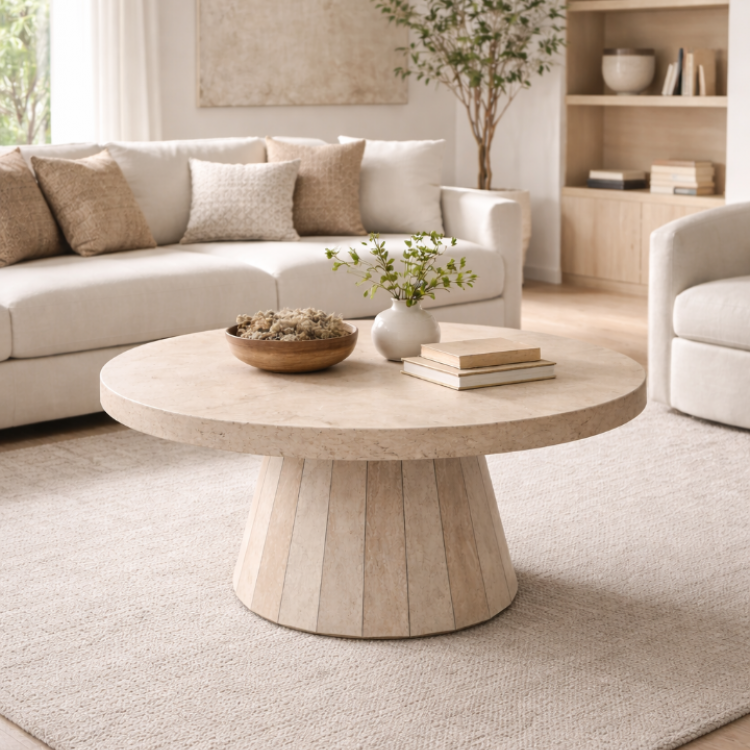 Traverten Orta Sehpa 80 cm – Modern Yuvarlak Tasarım Minimal Traverten Ahşap