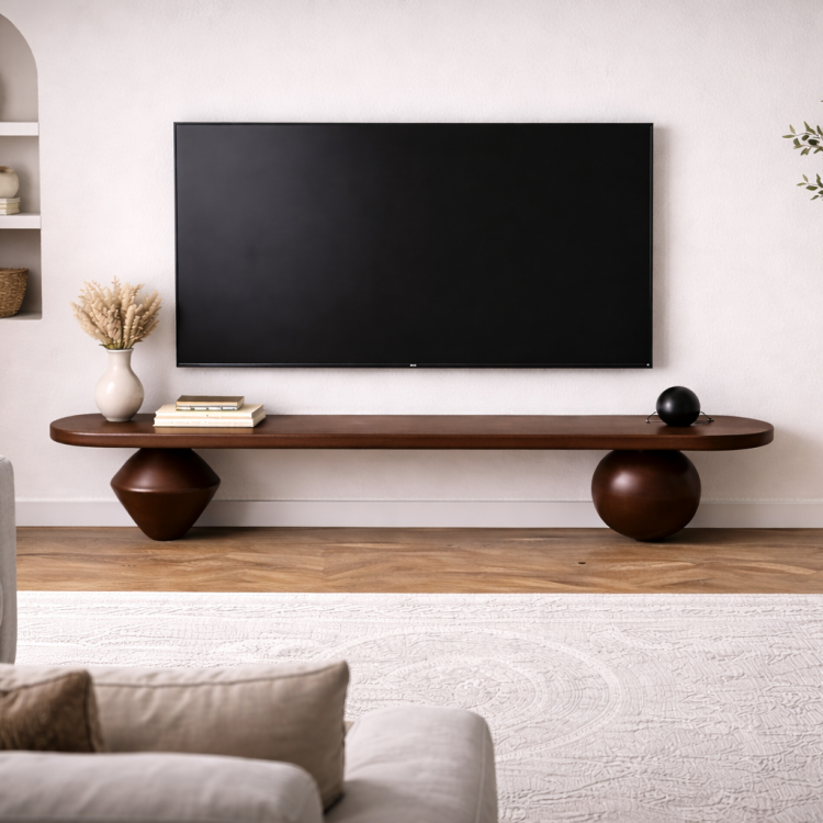 Heykelsi Torna Ayaklı Masif Ahşap TV Ünitesi – Modern Tasarım Televizyon Standı 180 cm