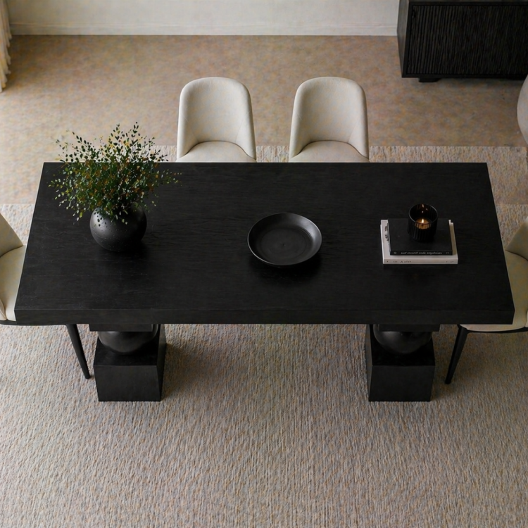 Heykelsi Küre Ayaklı Masif Ahşap Yemek Masası – Modern Tasarım – Minimal & Şık