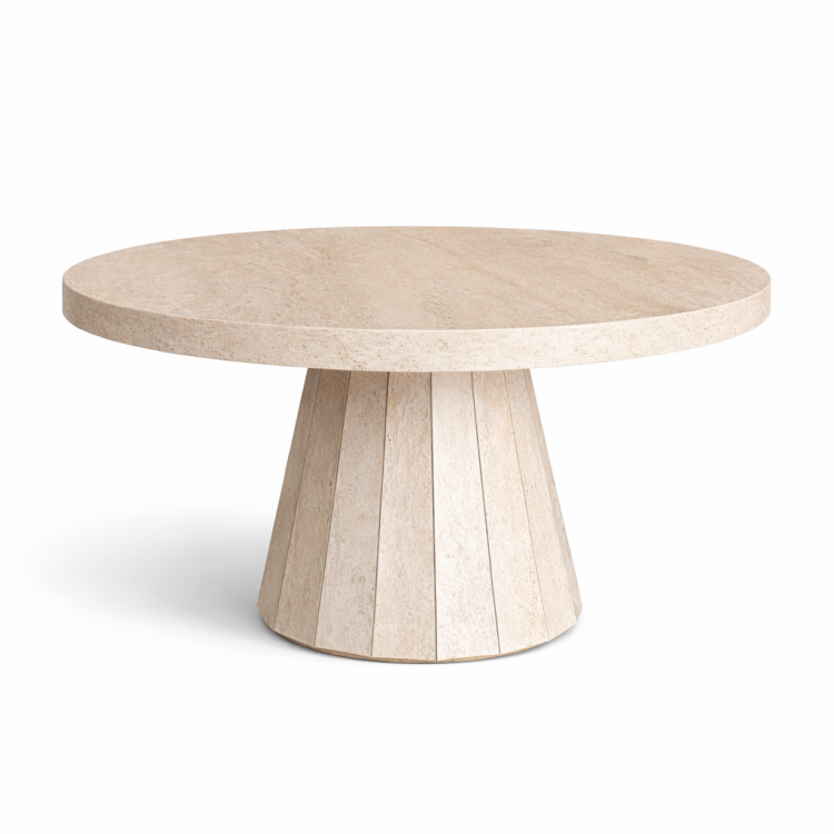 Traverten Orta Sehpa 80 cm – Modern Yuvarlak Tasarım Minimal Traverten Ahşap