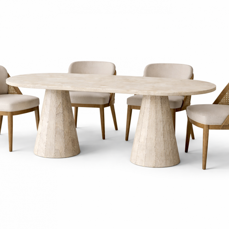 Modern Traverten Kaplama Oval Yemek Masası – Ahşap Gövde, Konik Ayak Tasarım