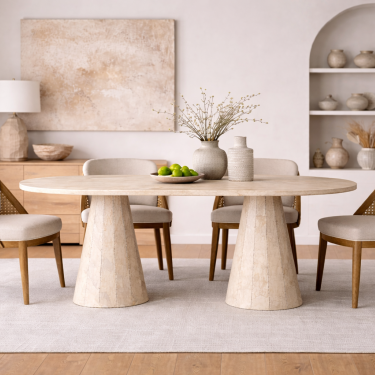 Modern Traverten Kaplama Oval Yemek Masası – Ahşap Gövde, Konik Ayak Tasarım